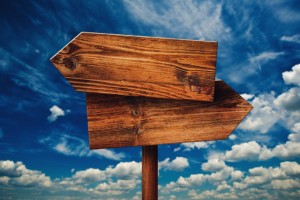 Blank Rustic Opposite Direction Wooden Sign Against Blue Sky with Clouds, Concept of Choice, Choosing Your Life Path.